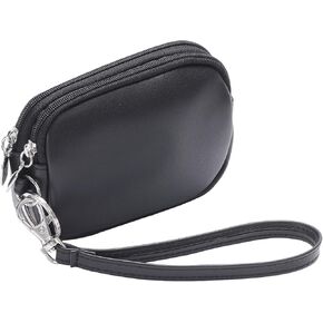 Small Coin Purse Pouch with Keychain,2 Zippered Leather Change Purse with Wristlet,ID Case Card Holder Wallet for Women & Men，Cream
