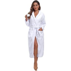 Womens Plush Soft Robe Warm Fleece Shawl Collar Bathrobe Fluffy Long Spa Robes with Pockets in Kuwait