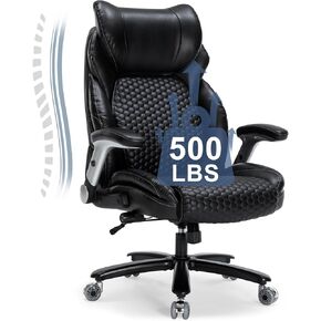 Executive Office Chair,Heavy Duty 500 lbs Desk Chair,Ergonomic Leather Computer Chair with Adjustable Headrest and Lumbar Support,Big and Tall High Back Swivel Chair with Flip up Armrest,Black