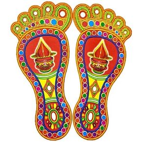 Charan laxmi charan paduka Sticker Set of 2 Piece feet for puja aarti Diwali Home and Office Entrance Decoration Hindu puja Temple Designer MATA feet for Home Decors (4x4)