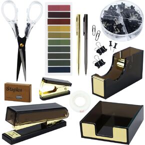 Black Acrylic Desk Accessories Organizer Set of Acrylic Stapler, Staple Remover, Tape Holder, Sticky Note Holder, Scissor, 2 Ballpoint Pen，Binder Clips, 1000pcs Staples, Sticky Notes Office Supplies