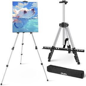 66" Artist Easel - Ohuhu Aluminum Tripod Easel Stand with Bag - Extra Sturdy Silver Painting Easel with Adjustable Height from 21" to 66" for Table-Top/Floor Painting Drawing Displaying