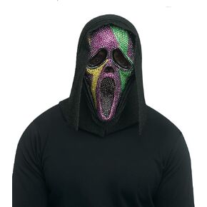 Fun World Ghost Face Mardi Gras Bling Full Mask- Officially Licensed- One Size Fits Most- Purple, Green and Gold Bling with Black Shimmer Shroud, GhostFaceMardiGras16