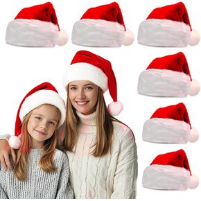 6 Pack Plush Santa Hat for Adults Kids，Red and White Unisex Velvet Classic Santa Hat for Christmas Party New Year Holiday Party