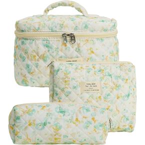 2 Pcs Cotton Quilted Makeup Bag Set, Floral Cotton Cosmetic Bag, Aesthetic Toiletry Travel Organizer Bag for Women Girls (Large+Medium)