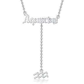 Zodiac Necklace 925 Sterling Silver 12 Constellation Lariat Necklace Old English Zodiac Sign Y-Shaped Pendant Necklace Horoscope Astrology Jewelry Gifts for Women
