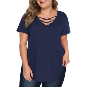 Amoretu Womens' Plus Size Tops with Short Sleeve Criss Cross Neck