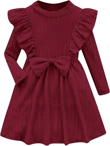 Girls Long Sleeve Ruffle Dresses Solid Ribbed Knit Fall Winter Dresses for Toddler Casual Bowknot Dresses 2-6 Years in Saudi Arabia