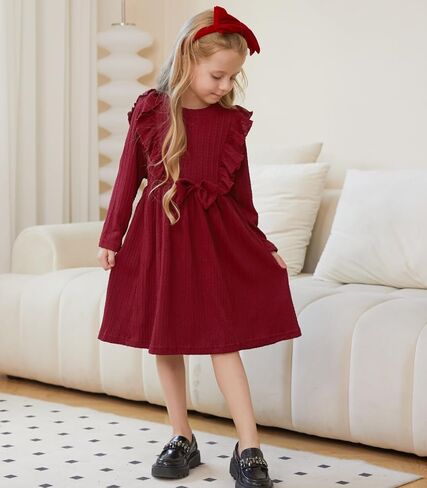 Girls Long Sleeve Ruffle Dresses Solid Ribbed Knit Fall Winter Dresses for Toddler Casual Bowknot Dresses 2-6 Years in Saudi Arabia