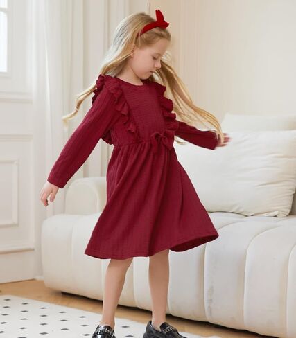 Girls Long Sleeve Ruffle Dresses Solid Ribbed Knit Fall Winter Dresses for Toddler Casual Bowknot Dresses 2-6 Years in Saudi Arabia