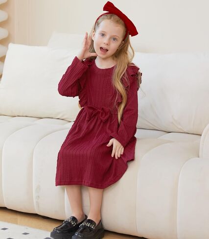 Girls Long Sleeve Ruffle Dresses Solid Ribbed Knit Fall Winter Dresses for Toddler Casual Bowknot Dresses 2-6 Years in Saudi Arabia