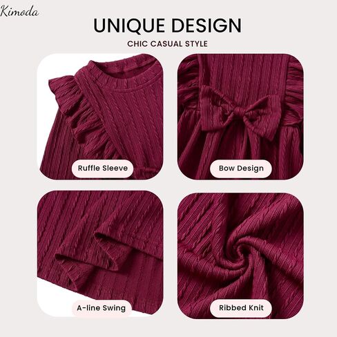 Girls Long Sleeve Ruffle Dresses Solid Ribbed Knit Fall Winter Dresses for Toddler Casual Bowknot Dresses 2-6 Years in Saudi Arabia