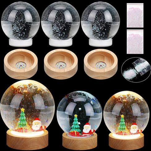 8 Pcs Christmas DIY Snow Globes Water Globe with LED Light Base Wooden Stand and Fake Snow Bulk 5'' Clear Plastic Snow Globe Kit Waterproof Screw Off Cap for Xmas Winter DIY Craft(Multicolor) in Kuwait