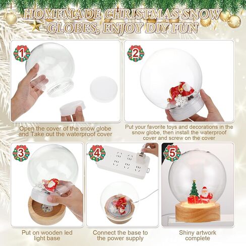 8 Pcs Christmas DIY Snow Globes Water Globe with LED Light Base Wooden Stand and Fake Snow Bulk 5'' Clear Plastic Snow Globe Kit Waterproof Screw Off Cap for Xmas Winter DIY Craft(Multicolor) in Kuwait