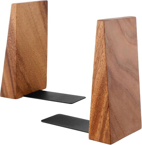 QWORK 1 Pair Acacia Wood Book Ends, Thickened Decorative Triangular Bookends with Non-Skid Feet for Heavy Books and Shelves, Handmade, Hand-Sanded in Saudi Arabia