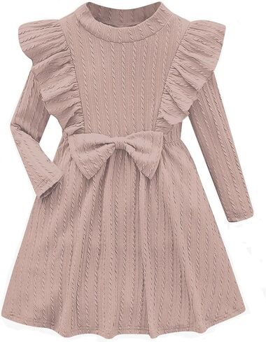 Girls Long Sleeve Ruffle Dresses Solid Ribbed Knit Fall Winter Dresses for Toddler Casual Bowknot Dresses 2-6 Years in Saudi Arabia