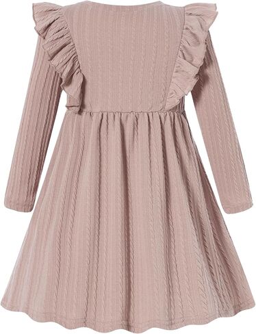 Girls Long Sleeve Ruffle Dresses Solid Ribbed Knit Fall Winter Dresses for Toddler Casual Bowknot Dresses 2-6 Years in Saudi Arabia