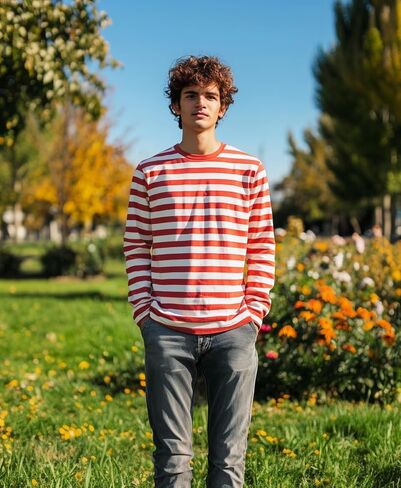 Men's Striped Shirts Long Sleeve, T-Shirt Crewneck Cotton Blend Stripes Top Casual Tee in Kuwait
