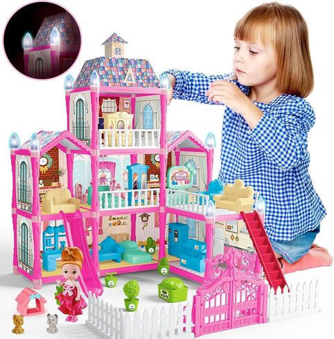 بيت الدمى، بيوت الدمى مع ضوء ليلي، مجموعة لعب بيوت الدمى مع الأثاث والإكسسوارات، مجموعة بيت الدمى الأحلام المكونة من 3 طوابق و8 غرف، مجموعة بيوت الدمى التي يمكنك صنعها بنفسك، بيوت الدمى للفتيات بعمر 3 سنوات فما فوق (وردي) in Kuwait