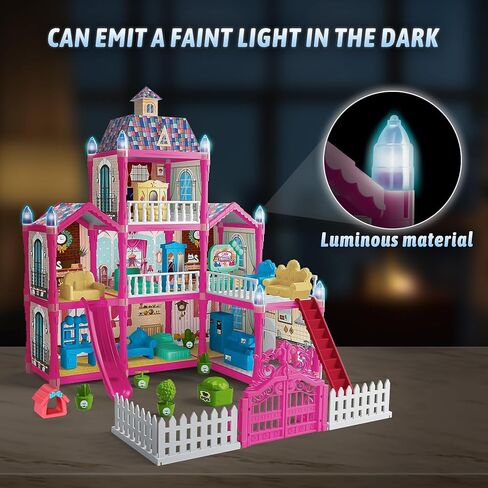 بيت الدمى، بيوت الدمى مع ضوء ليلي، مجموعة لعب بيوت الدمى مع الأثاث والإكسسوارات، مجموعة بيت الدمى الأحلام المكونة من 3 طوابق و8 غرف، مجموعة بيوت الدمى التي يمكنك صنعها بنفسك، بيوت الدمى للفتيات بعمر 3 سنوات فما فوق (وردي) in Kuwait