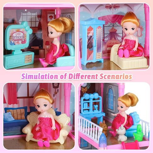 بيت الدمى، بيوت الدمى مع ضوء ليلي، مجموعة لعب بيوت الدمى مع الأثاث والإكسسوارات، مجموعة بيت الدمى الأحلام المكونة من 3 طوابق و8 غرف، مجموعة بيوت الدمى التي يمكنك صنعها بنفسك، بيوت الدمى للفتيات بعمر 3 سنوات فما فوق (وردي) in Kuwait