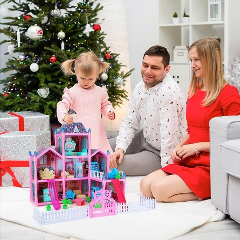 بيت الدمى، بيوت الدمى مع ضوء ليلي، مجموعة لعب بيوت الدمى مع الأثاث والإكسسوارات، مجموعة بيت الدمى الأحلام المكونة من 3 طوابق و8 غرف، مجموعة بيوت الدمى التي يمكنك صنعها بنفسك، بيوت الدمى للفتيات بعمر 3 سنوات فما فوق (وردي) in Kuwait