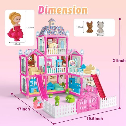 بيت الدمى، بيوت الدمى مع ضوء ليلي، مجموعة لعب بيوت الدمى مع الأثاث والإكسسوارات، مجموعة بيت الدمى الأحلام المكونة من 3 طوابق و8 غرف، مجموعة بيوت الدمى التي يمكنك صنعها بنفسك، بيوت الدمى للفتيات بعمر 3 سنوات فما فوق (وردي) in Kuwait