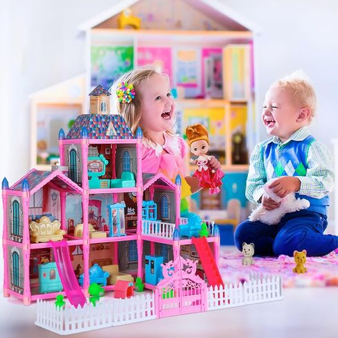 بيت الدمى، بيوت الدمى مع ضوء ليلي، مجموعة لعب بيوت الدمى مع الأثاث والإكسسوارات، مجموعة بيت الدمى الأحلام المكونة من 3 طوابق و8 غرف، مجموعة بيوت الدمى التي يمكنك صنعها بنفسك، بيوت الدمى للفتيات بعمر 3 سنوات فما فوق (وردي) in Kuwait