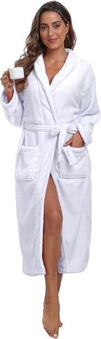 Womens Plush Soft Robe Warm Fleece Shawl Collar Bathrobe Fluffy Long Spa Robes with Pockets in Kuwait