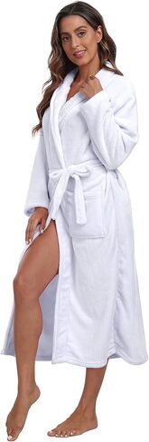 Womens Plush Soft Robe Warm Fleece Shawl Collar Bathrobe Fluffy Long Spa Robes with Pockets in Kuwait