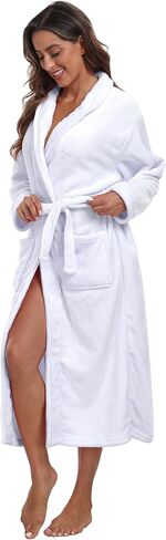 Womens Plush Soft Robe Warm Fleece Shawl Collar Bathrobe Fluffy Long Spa Robes with Pockets in Kuwait
