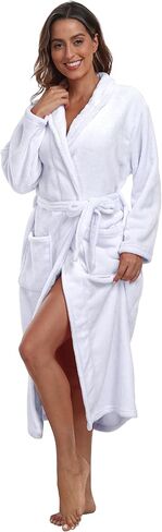 Womens Plush Soft Robe Warm Fleece Shawl Collar Bathrobe Fluffy Long Spa Robes with Pockets in Kuwait