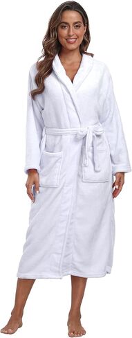 Womens Plush Soft Robe Warm Fleece Shawl Collar Bathrobe Fluffy Long Spa Robes with Pockets in Kuwait