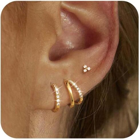 Gold Hoop Earrings for Women, 14K Gold Plated Hypoallergenic Cubic Zirconia Earrings Trendy Small Dainty Gold Hoops Earrings Set Jewelry Multiple Piercing Gifts for Women in Saudi Arabia