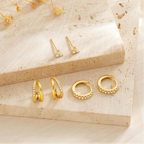 Gold Hoop Earrings for Women, 14K Gold Plated Hypoallergenic Cubic Zirconia Earrings Trendy Small Dainty Gold Hoops Earrings Set Jewelry Multiple Piercing Gifts for Women in Saudi Arabia