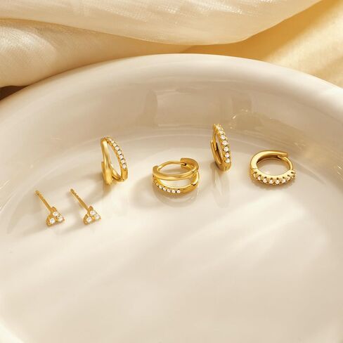 Gold Hoop Earrings for Women, 14K Gold Plated Hypoallergenic Cubic Zirconia Earrings Trendy Small Dainty Gold Hoops Earrings Set Jewelry Multiple Piercing Gifts for Women in Saudi Arabia