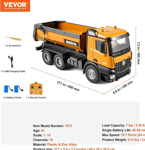VEVOR RC Dump Truck Toy for Kids, Large Size 10-Channel 1:14 Scale, 50 Min x2 Long Battery Life with Light & Sound Effect Remote Control Construction Birthday Xmas Gifts Ideas for Boys Age 8 9 10 & Up in Saudi Arabia
