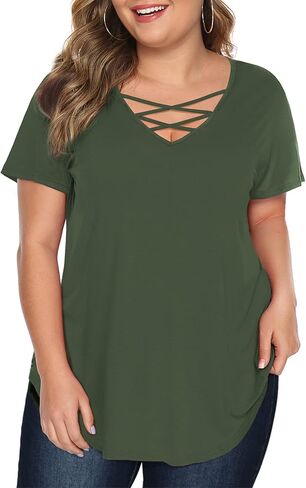 Amoretu Womens' Plus Size Tops with Short Sleeve Criss Cross Neck in Saudi Arabia