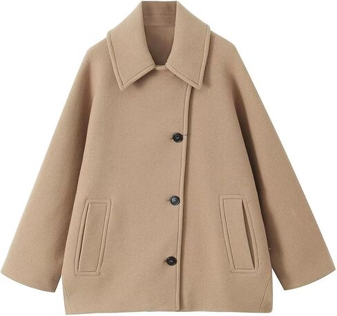 Women's Fall Single Breasted Pea Coat Long Sleeve Turndown Collar Wool Cape Blend Coat with Pockets in Saudi Arabia