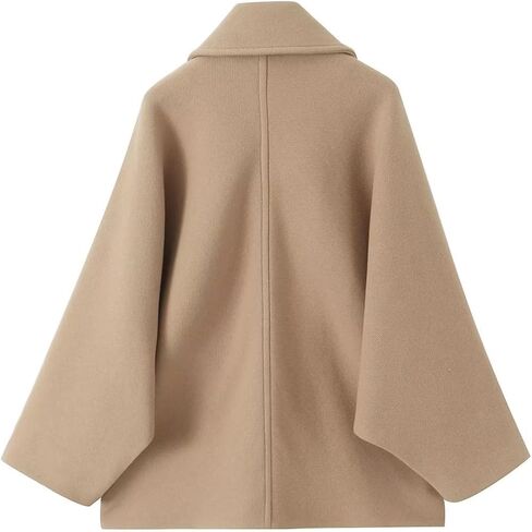 Women's Fall Single Breasted Pea Coat Long Sleeve Turndown Collar Wool Cape Blend Coat with Pockets in Saudi Arabia