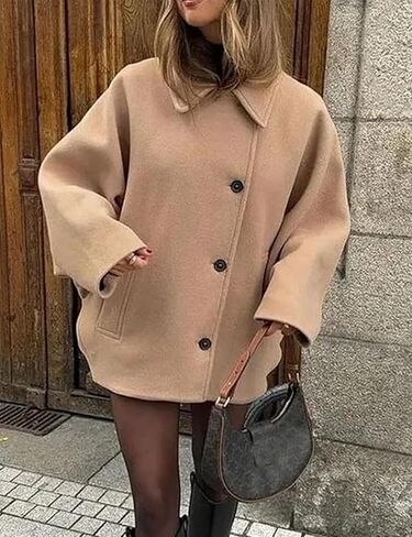 Women's Fall Single Breasted Pea Coat Long Sleeve Turndown Collar Wool Cape Blend Coat with Pockets in Saudi Arabia