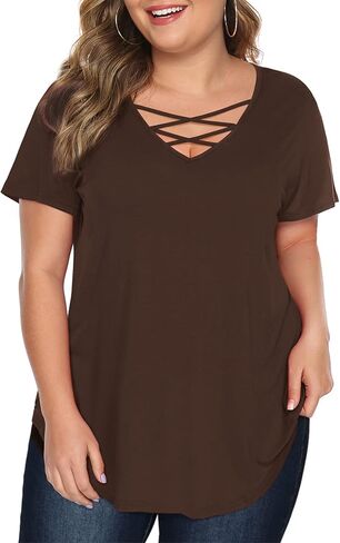 Amoretu Womens' Plus Size Tops with Short Sleeve Criss Cross Neck in Saudi Arabia
