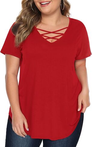 Amoretu Womens' Plus Size Tops with Short Sleeve Criss Cross Neck in Saudi Arabia