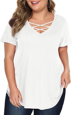 Amoretu Womens' Plus Size Tops with Short Sleeve Criss Cross Neck in Saudi Arabia