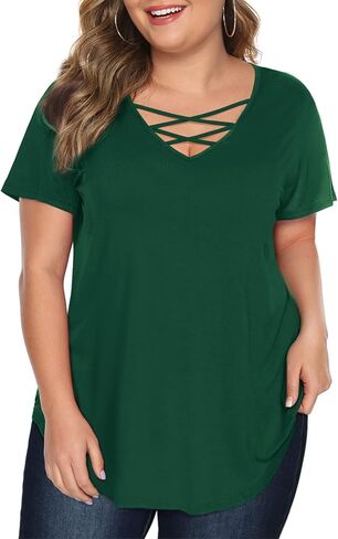 Amoretu Womens' Plus Size Tops with Short Sleeve Criss Cross Neck in Saudi Arabia