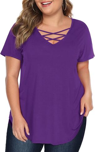 Amoretu Womens' Plus Size Tops with Short Sleeve Criss Cross Neck in Saudi Arabia