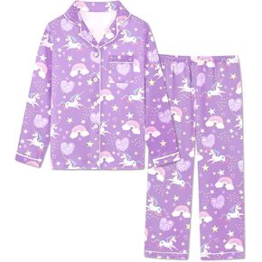 Girls & Womens Satin Pajamas Set, Silk Long Sleeve Nightwear Button-Down Sleepwear, 3 Years - Women XXL