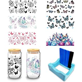UV DTF Cup Wrap Transfer Stickers for Glass,6 stickers and a Silicone Cup Cradle for Tumblers,Used for making cup decal stickers, furniture crafts, DIY crafts (Color Butterfly)