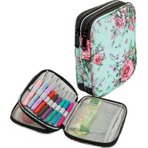 Crochet Hook Organizer Empty, Travel Crochet Needle Case, Portable Storage Zipper Bag for Crochet Needles Knitting Accessories, Lightweight and Compact, Floral Pattern (green)