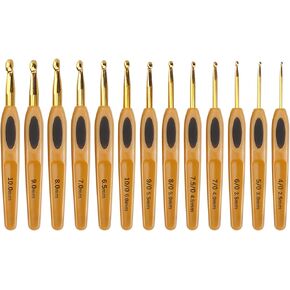13 Sizes Crochet Hooks Set, Soft Touch Handle Crochet Hooks Set for Crocheting Yarn Craft 2.5-10mm, Knitting Sweater Needles Set for Grandmothers,Moms,Children,Beginners or Crochet Lovers (Gold)